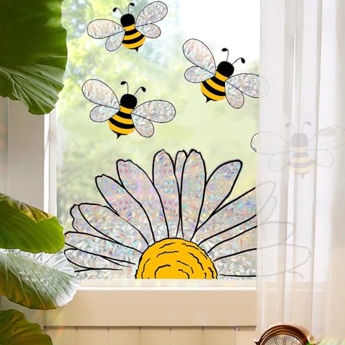 5-Piece Bee & Sunflower Double-Sided Window Clings - Reusable Glass Decals
