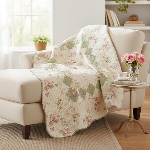 100% Cotton Patchwork Throw Quilt - Floral Design, 50 x 60 inches