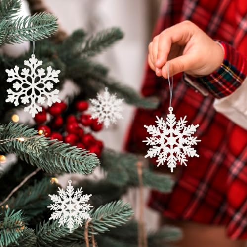 White Glitter Snowflake Christmas Tree Ornaments - 36 Pack Shatterproof Set