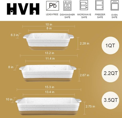 HVH Baking Dish Set - Large 9x13 Ceramic Casserole Dish | Deep Lasagne Pan - Farmhouse White, Set of 3
