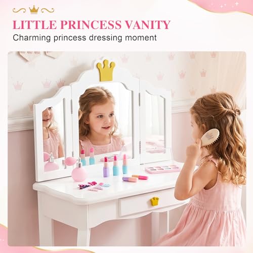 Kids Vanity Table and Chair Set with Tri-Folding Mirror and Storage Drawer
