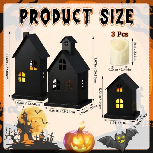 3-Piece Halloween Haunted House Village Set with LED Candles, Black Iron