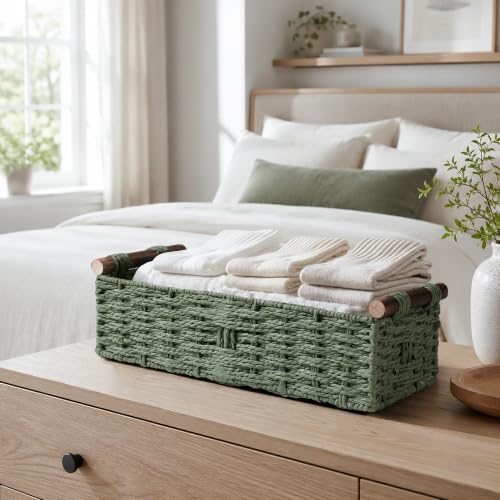 Round Paper Rope Storage Basket Wicker Organizer with Handle Green