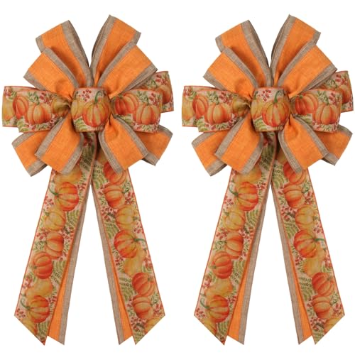 2-Pack Large Fall Wreath Bows 20x12 Inch - Orange Pumpkin Wired Autumn Bows