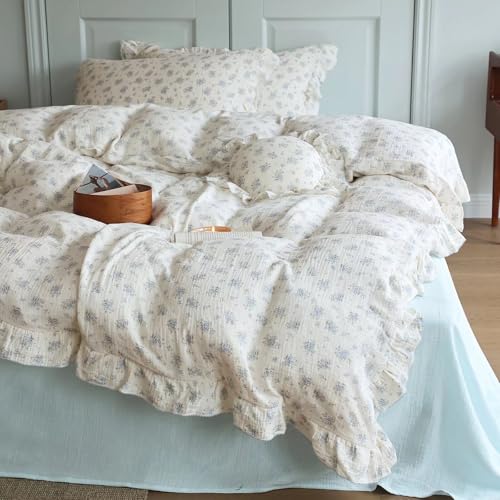 Blue Floral Ruffled Duvet Cover Full Size, Soft Muslin Cotton