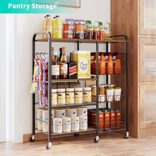 4-Tier Rolling Kitchen Microwave Cart with Pull-Out Baskets and Storage
