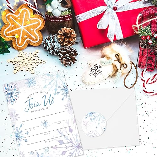 Winter Snowflake Invitation Cards Set with Envelopes & Stickers - 20 Pack, 5x7 Inch for Christmas Weddings & Parties