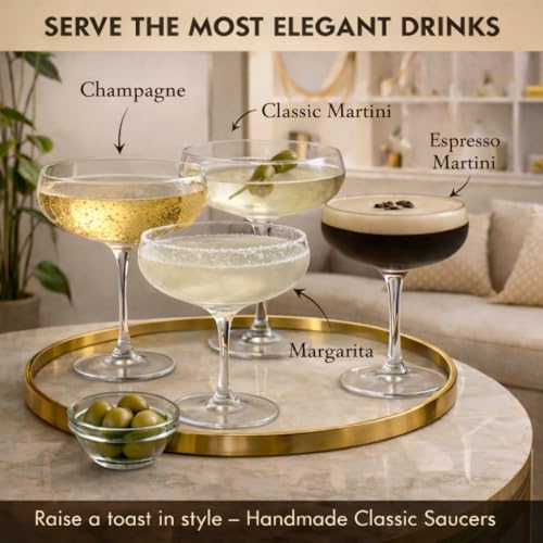 VEMACITY 4-Pack Elegant 10oz Espresso Martini Cocktail Glasses Set - Handblown Coupe for Martinis & Champagne