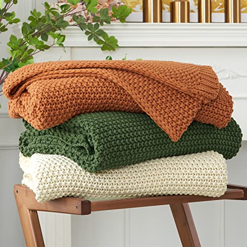 Chunky Cable Knit Throw Blanket, 100% Organic Cotton, 51" x 63", Beige