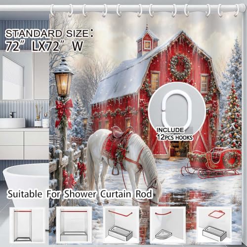 Farmhouse Christmas Shower Curtain Red Barn & White Horse - 72x72 Inch