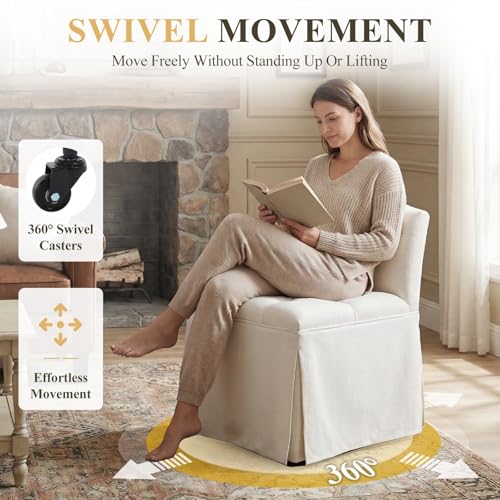 Tufted Upholstered Rolling Vanity Chair with Skirted Base