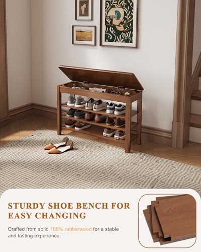3-Tier Rubberwood Shoe Storage Bench with Flip-Top Hidden Compartment
