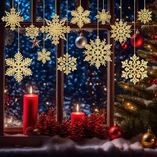 BOUBONI 48 Pcs Snowflake Christmas Ornaments – Gold, 4 Styles, 2/3/4in, Hanging Ribbon