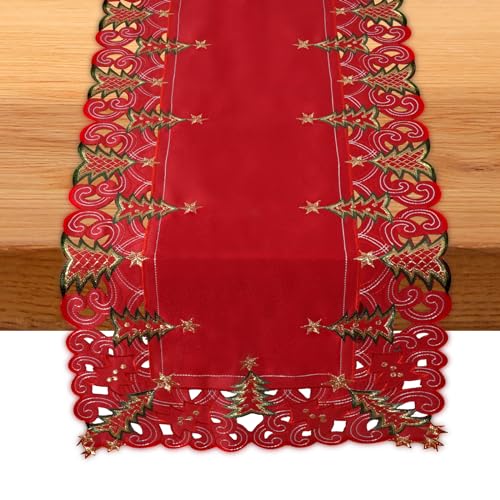 SHANGRLA Embroidered Red Christmas Tree Table Runner 54 in