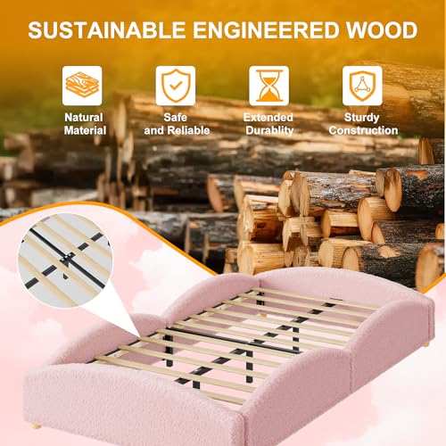 Twin Size Teddy Fabric Floor Bed Frame with Padded Sides - Pink
