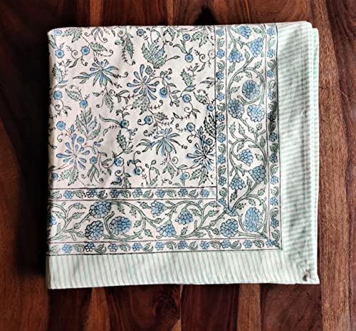Aster Blue 60 x 108 Inch 100% Cotton Boho Tablecloth - Handblock Floral Home Decor