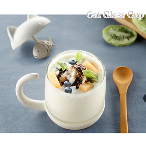 BigNoseDeer White Cat Tea Cup with Fish Infuser 8oz - Cute Mug for Loose Leaf Tea