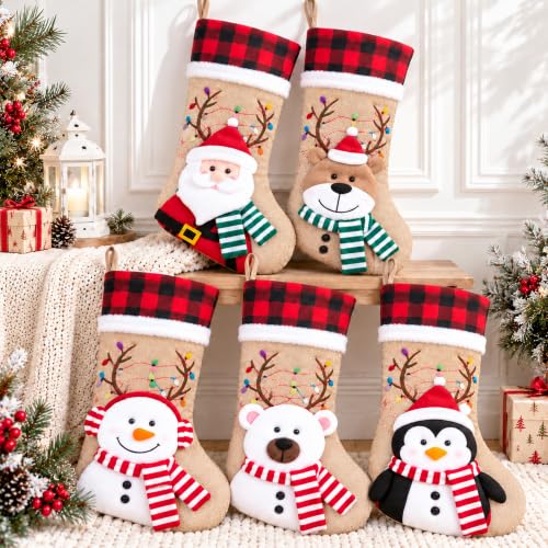 Elegantpark 5 Pack Rustic Christmas Stockings with 3D Holiday Characters - Burlap Buffalo Plaid, Large 20 Inch
