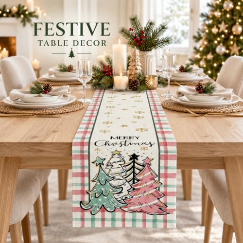Christmas Table Runner 13x72 Inch Buffalo Plaid Snowflake Xmas Trees Decor