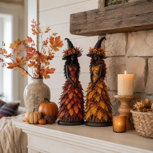 Autumn Witch Figurine - Fall Halloween Resin Tabletop Statue, Saffron