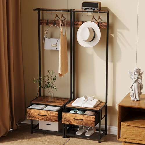 Narrow Hall Tree with Storage Bench, Coat Rack and Fabric Drawers