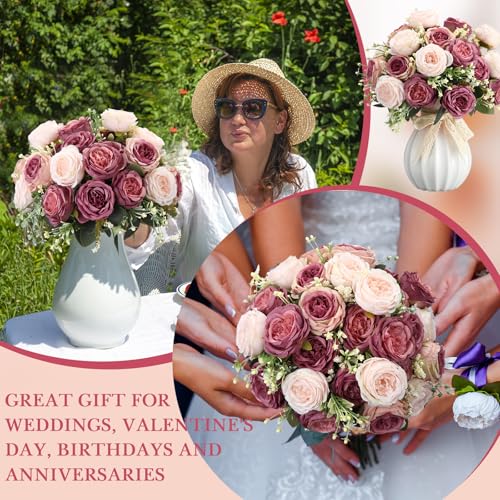 8 Bundles Dusty Pink Artificial Peonies Flowers - Faux Silk Bouquet for Weddings & Home Decor
