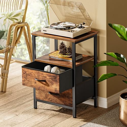2-Drawer Nightstand Set with Open Shelf and Steel Frame, Rustic Brown