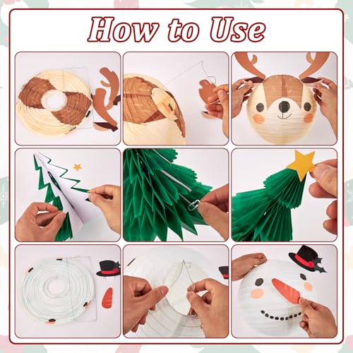 Easy Joy Christmas Paper Lanterns Set - Red, Green & Gold Holiday Decorations with 3D Xmas Hats, Santa, Snowman & Trees - 11 pcs
