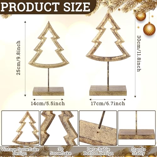 2 Pcs Wooden Christmas Tree Table Decor Rustic Gold Xmas Tree Tabletop Signs and Centerpiece Winter Wood Tall Standing Block Christmas Centerpieces for Home Party Table Shelf Decorations