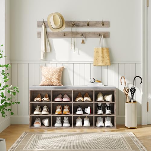 Entryway Shoe Storage Bench with 12 Cubbies and Padded Seat - 39.4 Inch Gray