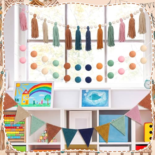 4-Piece Boho Tassel and Pompom Garland Set for Classroom and Party Decor