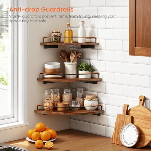 3-Piece Wall Mounted Corner Floating Shelves with Guardrail, Rustic Brown
