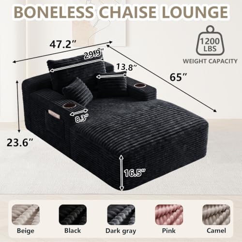 65" Oversized Corduroy Chaise Lounge Chair with Cup Holders and Pillows