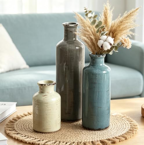 Ceramic Vases Set of 3 - Rustic Distressed Coastal Decor for Shelves & Tables