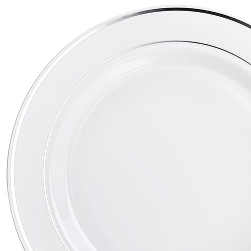 OCCASIONS 120 Bowls Pack, Heavyweight Disposable Wedding Party Plastic Bowls (14oz Soup Bowl, White & Silver Rim)