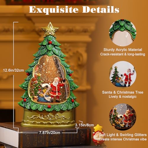 Lewondr Xmas Tree Snow Globe with Santa, Musical Water Lantern - Christmas Decor