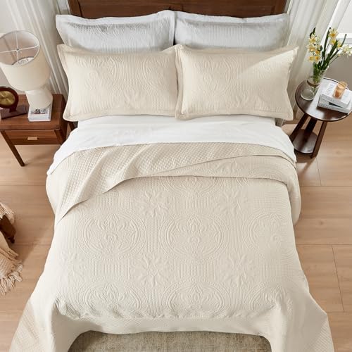 Oversized Alaska King Quilt Set - 3 Piece Microfiber Bedspread, Beige