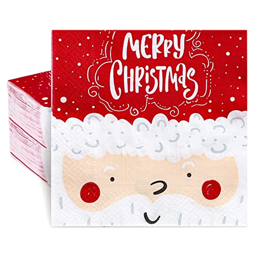 Whaline 100 Pack Merry Christmas Santa Napkins 6.5x6.5in Red/White 2-Ply Disposable Party Napkins