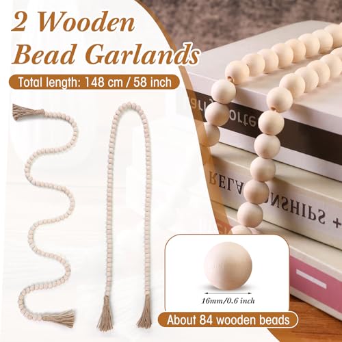 58-Inch Rustic Wood Bead Garland with Tassels, Boho Farmhouse Wall Decor