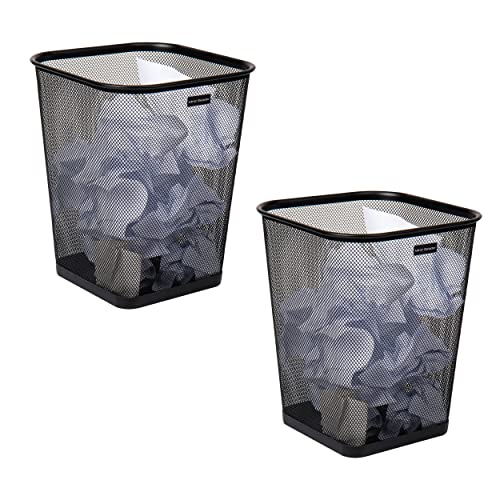Square Metal Mesh Trash Can Set, 5-Gallon Wastebasket for Office and Home, Black, 2-Pack