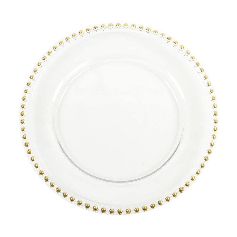 Koyal Wholesale 12.5" Round Clear Glass Gold Beaded Couture Charger Plate, 4-pack