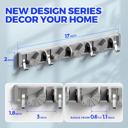 Metal Broom and Mop Holder Wall Mount Organizer with 4 Slots and 4 Hooks