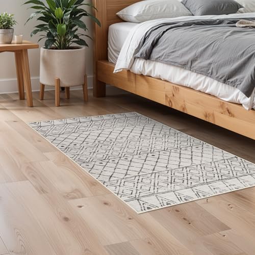2x3 Moroccan Entryway Rug, Washable Grey Small Area Rug with Non-Slip Backing