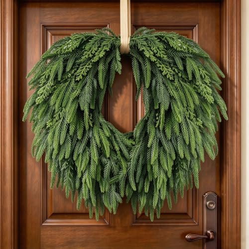 Christmas Wreath for Front Door - Artificial Norfolk Pine & Cedar, Green, 24 Inch