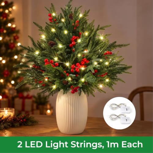 Auihiay 24Pcs Outdoor Faux Christmas Pine Branches with Warm White LED Lights - Green