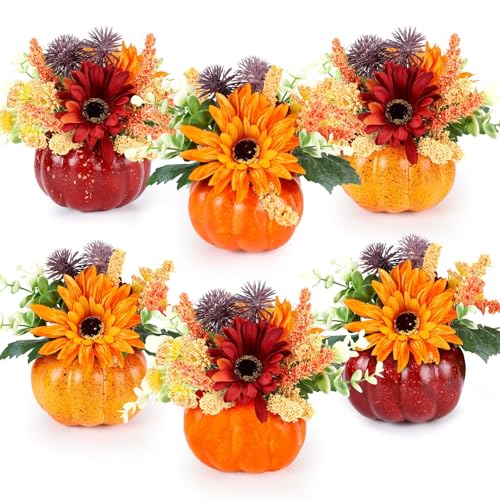 Set of 6 Mini Artificial Pumpkin Floral Centerpieces for Fall Thanksgiving