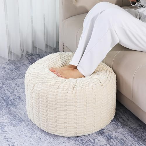Round Faux Fur Unstuffed Ottoman Pouf Cover - Beige 20-inch Floor Bean Bag