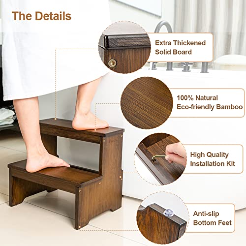2-Step Bamboo Stool for Adults and Kids, 350 lb Capacity Non-Slip Step Stool