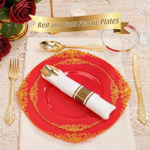 Nervure 100Pcs 10.25'' Red Plastic Plates – Disposable Party Dinner Plates