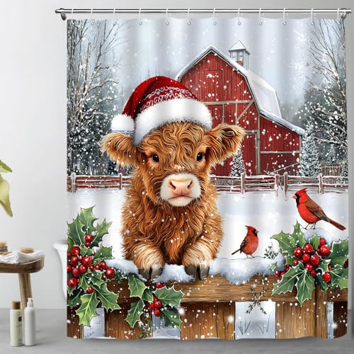 PZMPZM Highland Cow Christmas Shower Curtain 70x70 Inch Rustic Farmhouse Holiday